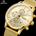 MEGIR Chronograph Mens Quartz Watch Stainless Steel Mesh Band Gold Watches Slim Men Watches Multi function