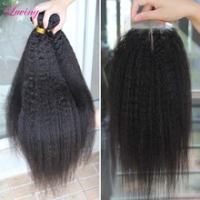 7A Brazilian Kinky Straight Hair Weave With Closure Human Hair Lace Closure With 3 Bundles Yaki Hair Kinky Straight With Closure