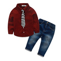 2016 new boys clothes Corduroy shirt with striped tie jeans fashion kids clothes boys wedding party