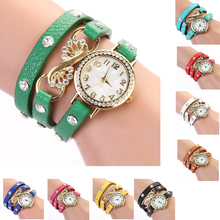 Chic mujeres gótica Crystal flor de la decoración cristalina de cuero del abrigo bisel movimiento de cuarzo analógico reloj de la pulsera