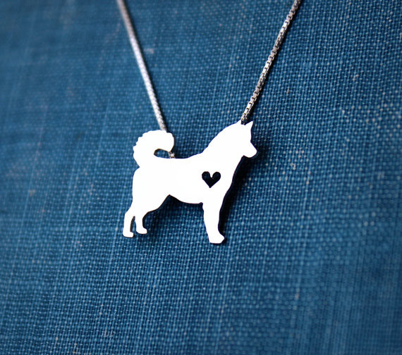 Husky necklace, sterling silver hand cut pendant, with heart, tiny dog breed jewelry