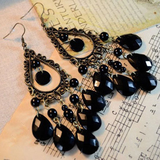 Image of 2015 retro fashion hollow tassel earrings long big hanging luxury vintage big black water drop earrings with stone for women