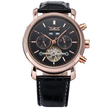 Jaragar aumentó la cosecha de oro caja de acero inoxidable hombre negros Auto Tourbillion mecánica cuero banda negocios vestido reloj de pulsera