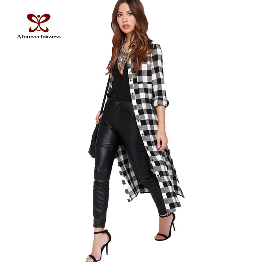 2015 Women Plaid Blouse Coat Long Sleeve And Colla...