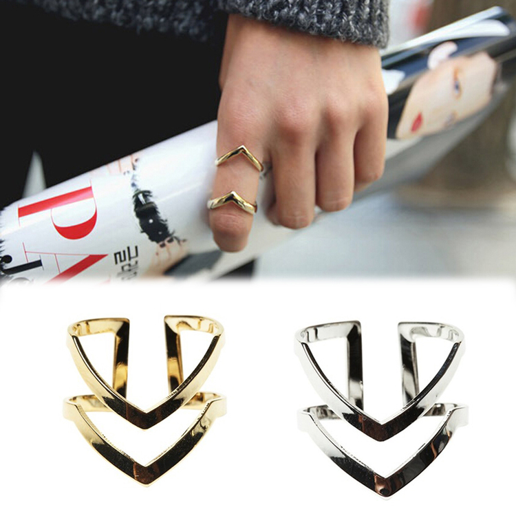 Fashion Gold Silver Plated Double V-shaped Half Opened Adjustable Vintage Woman Rings Charming Jewel