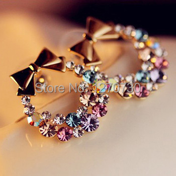 Image of Free Shipping $10 (mix order) New Fashion Imitation Diamond Colorful Rhinestone Bow Earrings E099 Vintage Jewelry