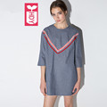 HDY High Quality 2016 Women Rib stripe Three Quarter Sleeves Female V Preppy Loose Dresses Ladys