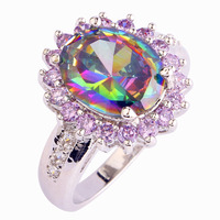 lingmei Wholesale Mystic Rainbow Topaz & White Sapphire 925 Silver Ring Size 6 7 8 9 10 Women Wedding Engagement Free Shipping