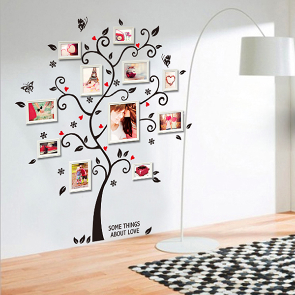 Image of Chic Black Family Photo Frame Tree Butterfly Flower Heart Mural Wall Sticker Home Decor Room Decals