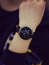 Guou marca cielo estrellado diseño cristalino del rhinestone de cerámica reloj grande del dial de cuero con correa moda reloj
