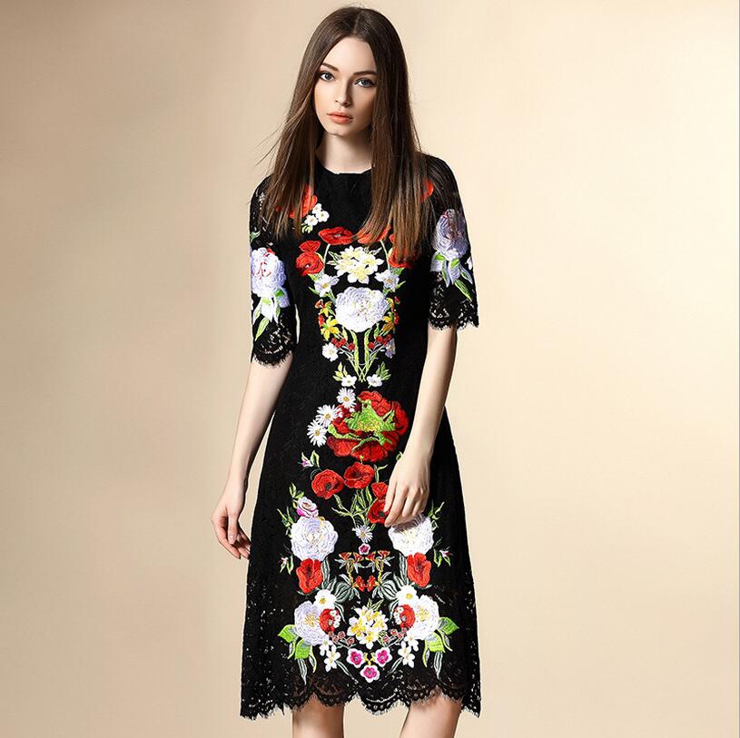 2016 Women Summer Dress Brand New Half Sleeve O-Neck Floral Embroidery Elegant Lace Packwork Long Dress Pencil Dress