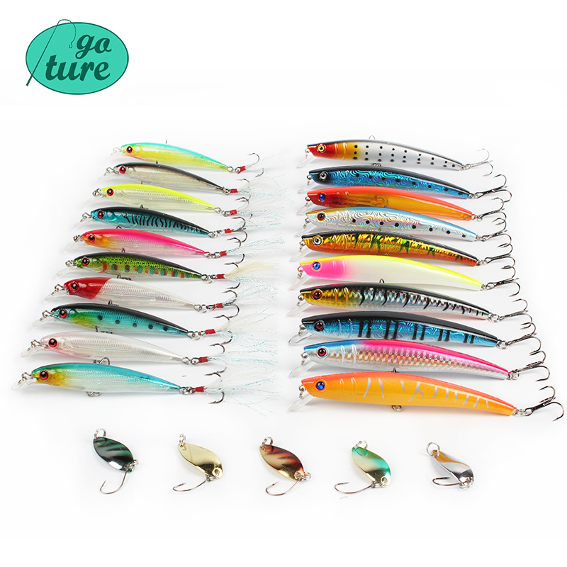 Image of Goture Fishing Lure Set 20 Wobblers 5 Spoon Spinner Bait Multi-color Artificial Bait Minnow Spinners Carp Fishing Tackle