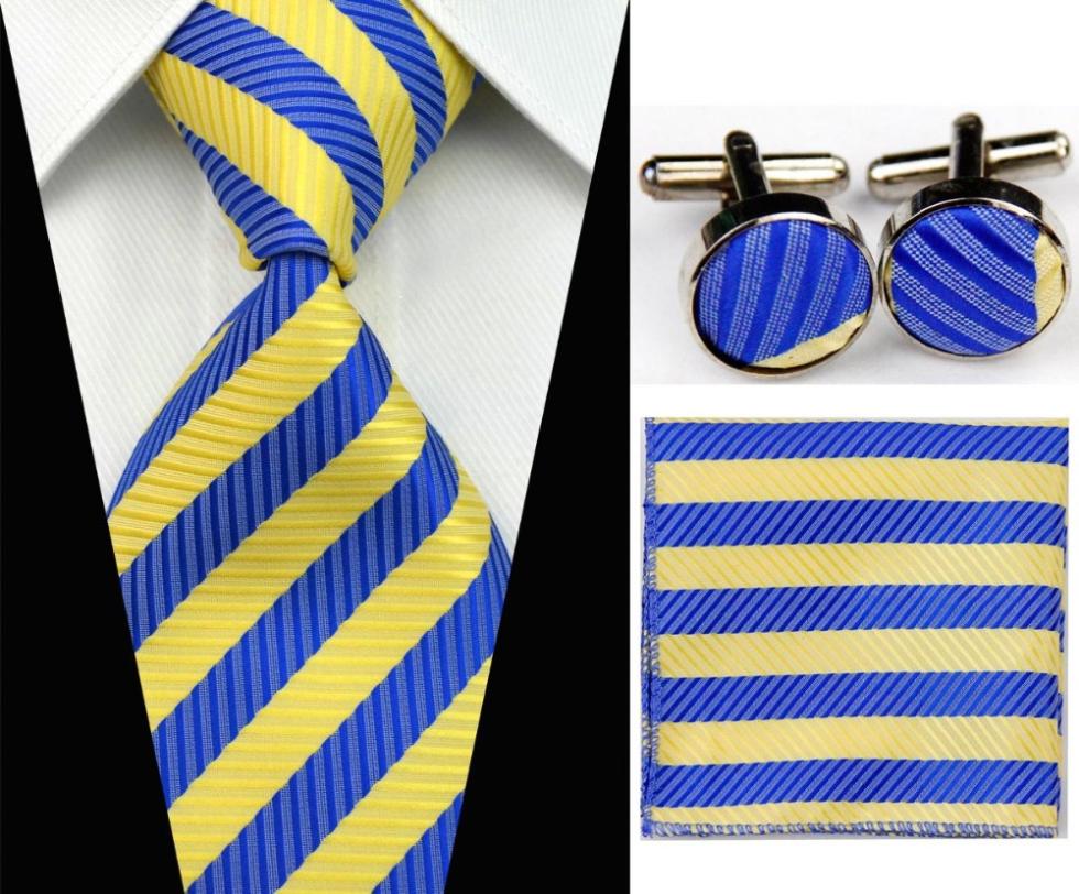 SNT0105 Hot Sale 2014 Fashion Man Blue Ties Necktie Set Cufflink Hanky Checked Striped Casual Neckties