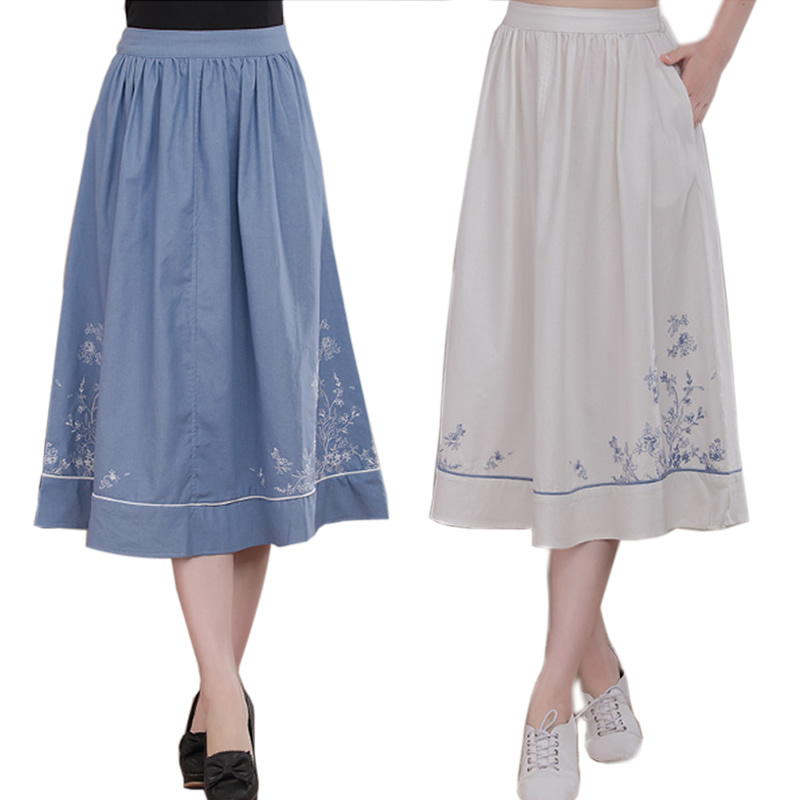 Tulle Skirt Women Long Cotton Skirts Elastic Waist Pocket Flora Skirts Vintage Embroidery Skirt