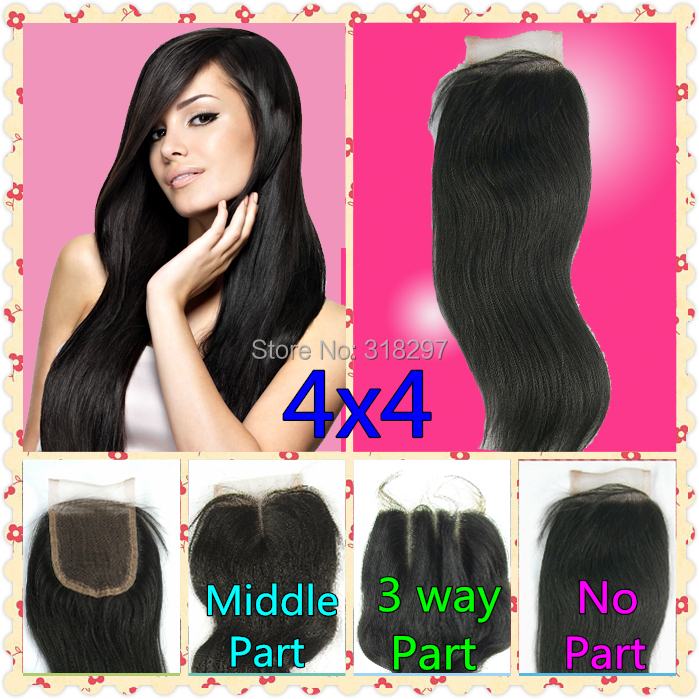 Image of 8A 4X4 Straight 3 Way Part Middle Part Brazilian Virgin Hair Lace Top Closure Human Hair Closure Brazilian Lace Closures
