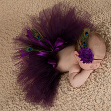 Newborn photography props baby girls purple peacok feather skirt photo props tutu sets+flower headband baby photo shoot