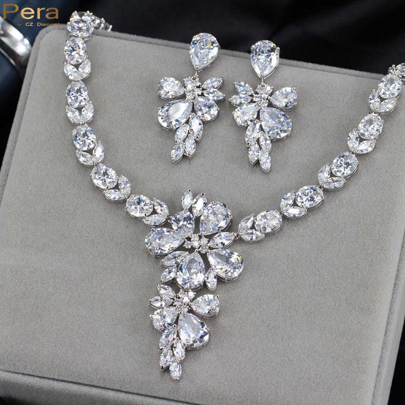 Luxury White Gold Plated Fairy Sparkling Cz Diamond Bridal Wedding Luxury White Gold Plated Fairy Sparkling Cz Diamond Bridal Wedding Drop Earrings And Necklace Jewelry Set For Brides J139