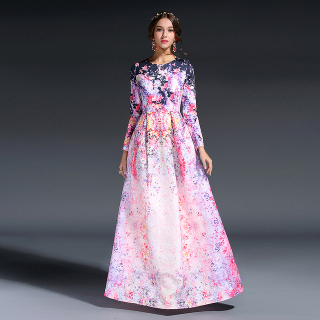 High Quality New 2016 Designer Runway Maxi Dress Women's Long Sleeve Sweet Floral Printed Celebrity Party Ball Gown Long Dress