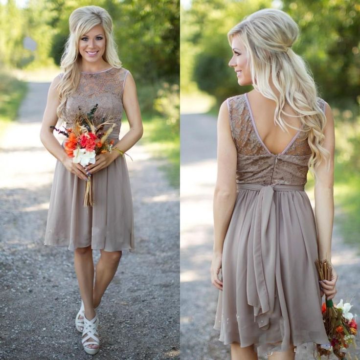 Brown Short Rustic Bridesmaid Dresses Lace Top Chiffon Summer