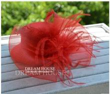 Hot sale fashion nylon material red feather bowknot adornment headgear accessories little hat hairpin headdress