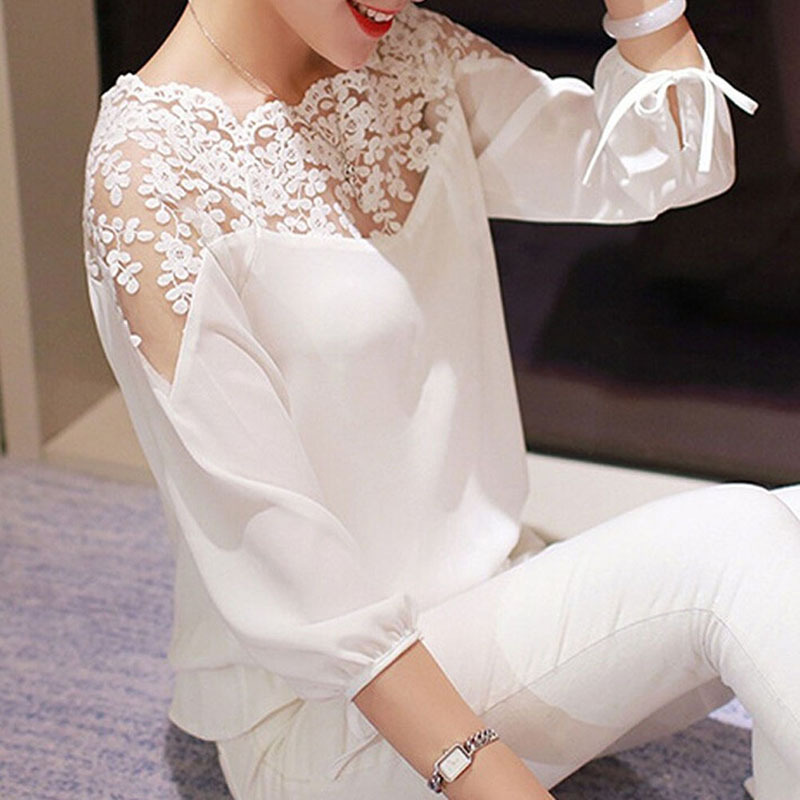 Image of Women 3\4 Sleeve Lace Hollow Shirt Casual Chiffon Blouse Black White