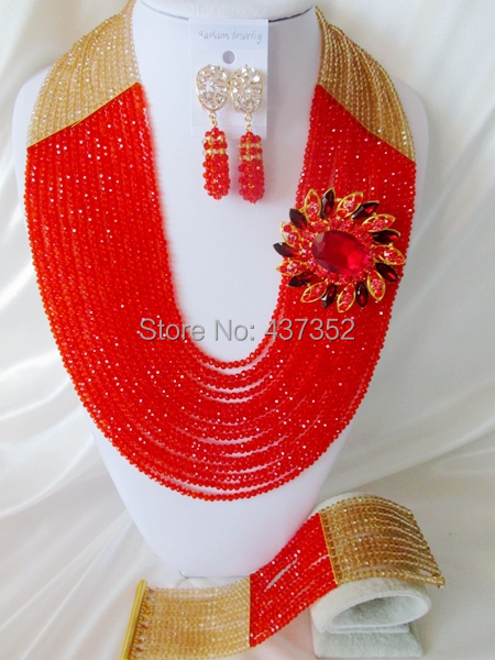 Glamorous 22'' Long 16 layers Champagne Gold and Red Crystal Nigerian Beads Necklaces African Wedding Beads Jewelry Set NC036
