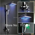 Polished Chrome 3 way Square LED Wall Mount Rainfall Shower Faucets 8 led Shower Head led