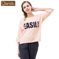 Qianxiu Casual Letter Printed Women Pajamas Sleepwear Autumn Cotton Three Quarter Sleeve Sleep Lounge Soft Homewear