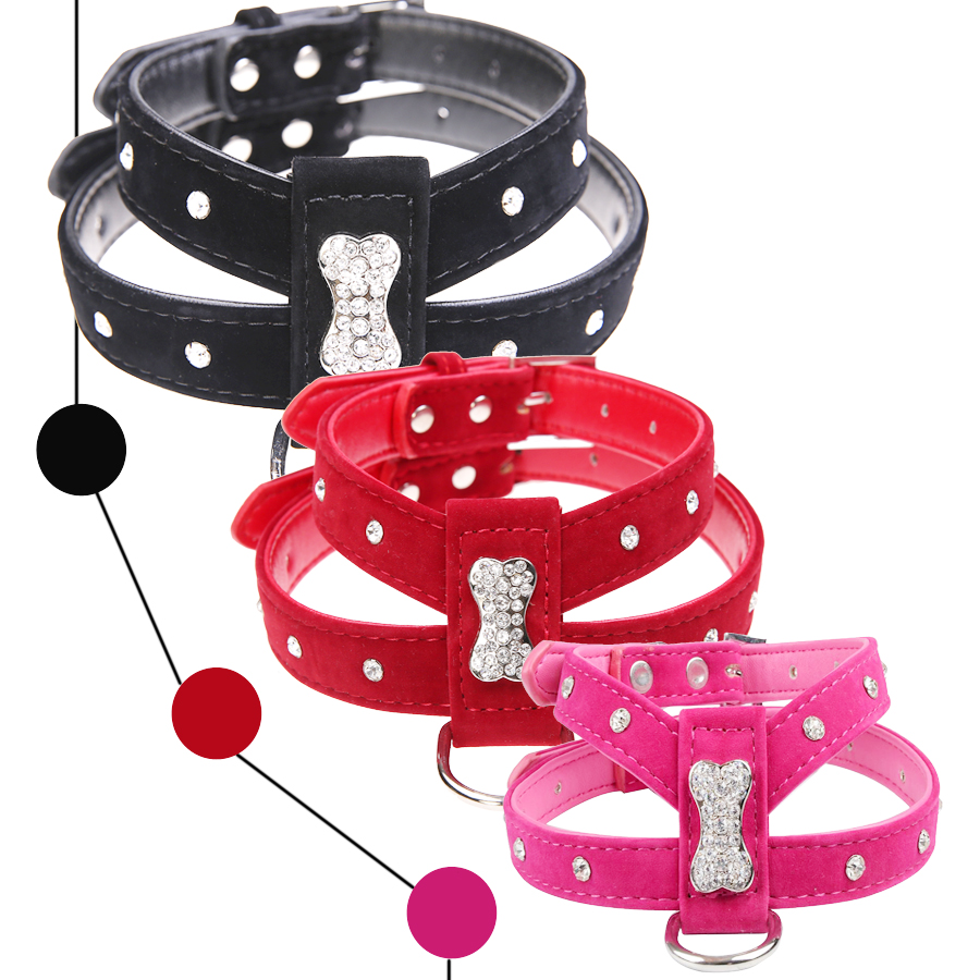 Bling Горный Хрусталь Кости Бархат и Кожа Pet Puppy Ошейник Жгут чихуахуа Чашку Ухода Sml Красный