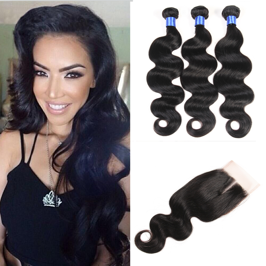 Image of 7A Brazilian Virgin Hair With Closure 3 Bundles With Closure Rosa Hair Products Brailian Body Wave Human Hair Weave With Closure