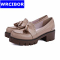 Women Shoes Genuine leather Round toe Thick heels High heels Woman fashion tassel British style Cow