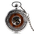 Casual Wood Style Circle Special Design Carving Mechanical Hand winding Pocket Watch Classic Silver Retro Stylish