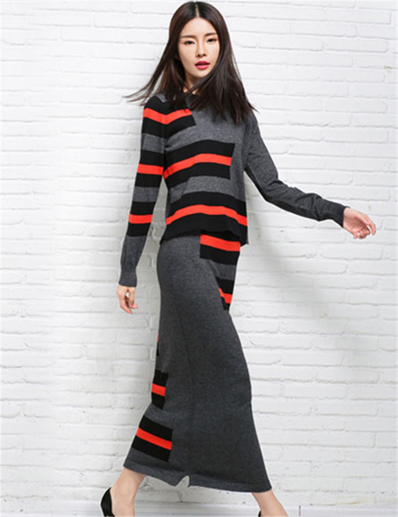 Women Striped Cashmere O-Neck Sweater+Long Skirt/Set Autumn Long Sleeve Knitwear Pullover 2015 Spring Fashion Knitted Jumper