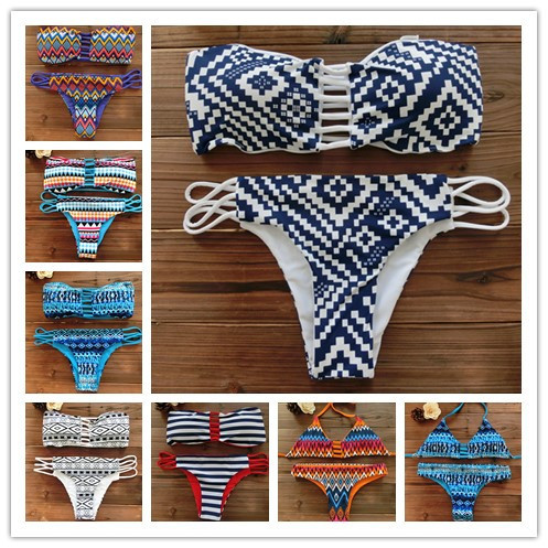 Image of 2015 Women Bandeau Bikini Reversible Print swimsuit Strappy swimwear biquini trikini 1112