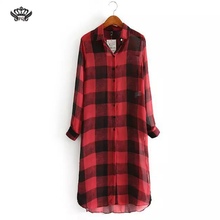 Women plaid long chiffon blouses turn-down collar long sleeve shirts Blusas Femininas European side split tops Red Plaid Shirt