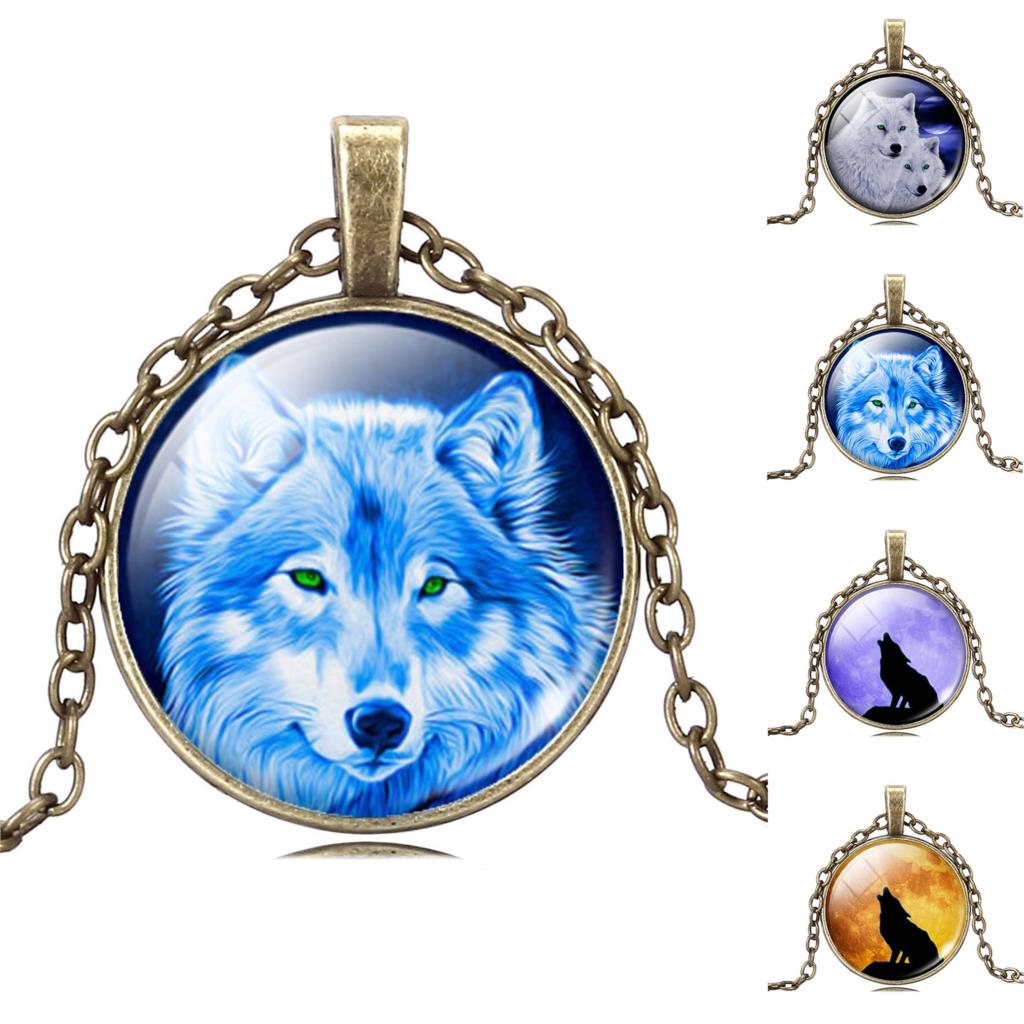 Cool Wolf Picture Pendant Necklace Vintage Bronze Statement Chain Jewelry Summer Style Glass Cabochon Necklace for