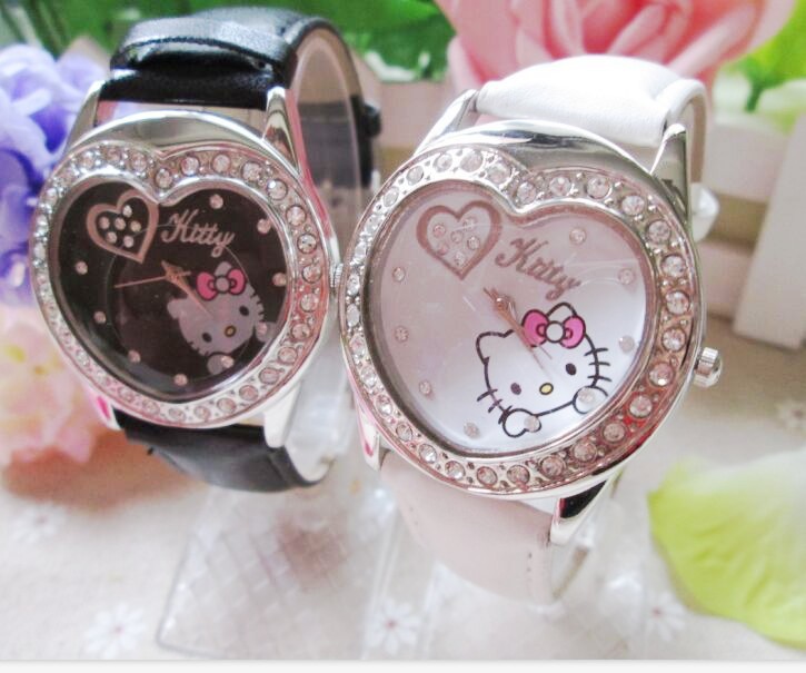 holiday sale high quality Leather Hello Kitty Watch Children women dress fashion Crystal wrist Watch 10pcs