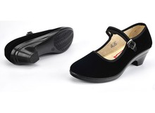Heels Shoes Women Flock Mary Janes Close Round Toe Strap Ladies Black Heels Low Wedge Heel