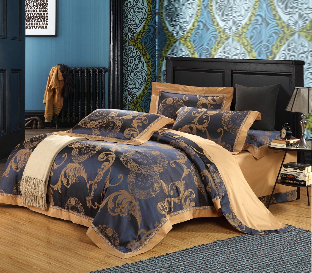 Silk and Cotton Fabric Luxury Jacquard Queen/King size Bedding sets 4Pcs Cotton Bohemia Bed linen Bule Duvet cover Bedclothes