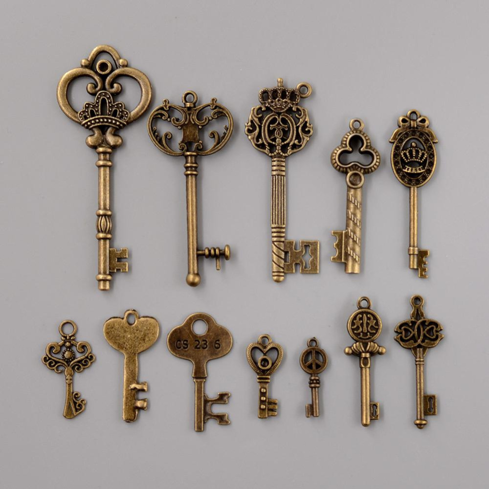 Image of 12 Assorted Antique Vintage Old Look Bronze Pendants Vintage Key Collectibles Good Gift