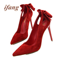 2016 Shoes Woman Sweet Bowtie Pointed Toe Sexy Girls Party Shallow Mouth Side Hollow Women High