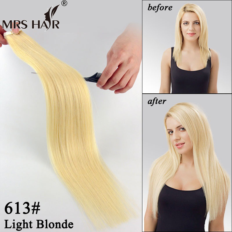 Image of Cheap Tape Hair Extensions 20pcs Brazilian Virgin Straight Pu Skin Weft MRS HAIR 16" 18" 20" 22" Tape In Human Hair Extensions