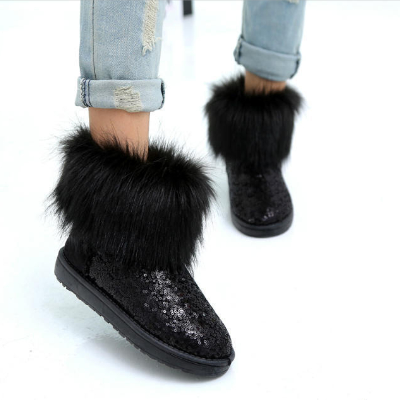 Nuevas mujeres imitación de piel de zorro botas impermeables botas de nieve cálida corteza gruesa de zapatos de la nieve con lentejuelas venta al por mayor y al por menor(China (Mainland))