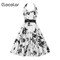 Clocolor Vintage dress print Summer Rockabilly Dress White Cotton Blends sleeveless Dress hot sale 2016 vintage