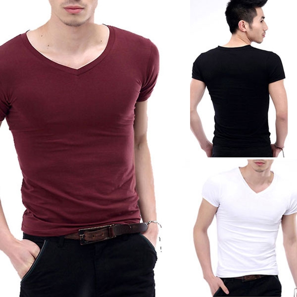 New hot Fashion Men's V-Neck Short Sleeve T-Shirt Slim Basic Tee Top XS-L Multicolor free shipping