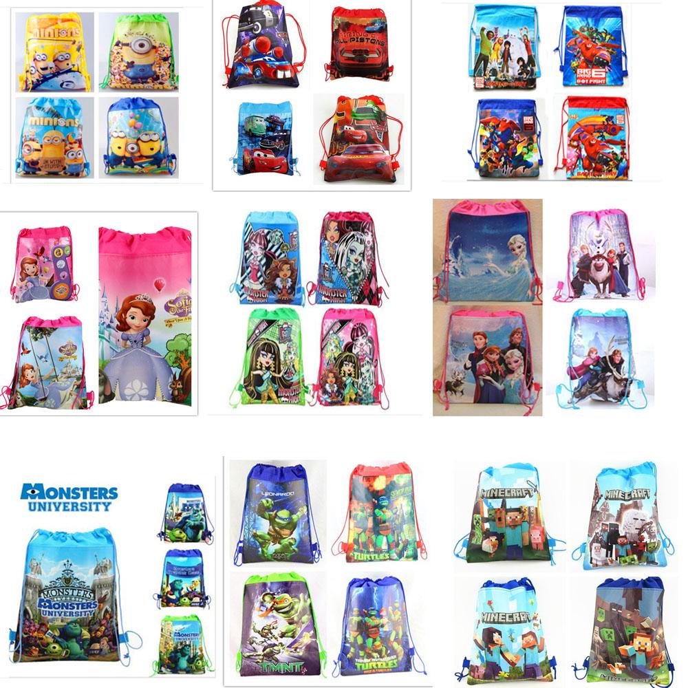 Image of 12Pcs Despicable Me Princess Anna Elsa Sofia Cars Cartoon Kids Drawstring Printed Backpack Beach Shopping School Traveling Bags