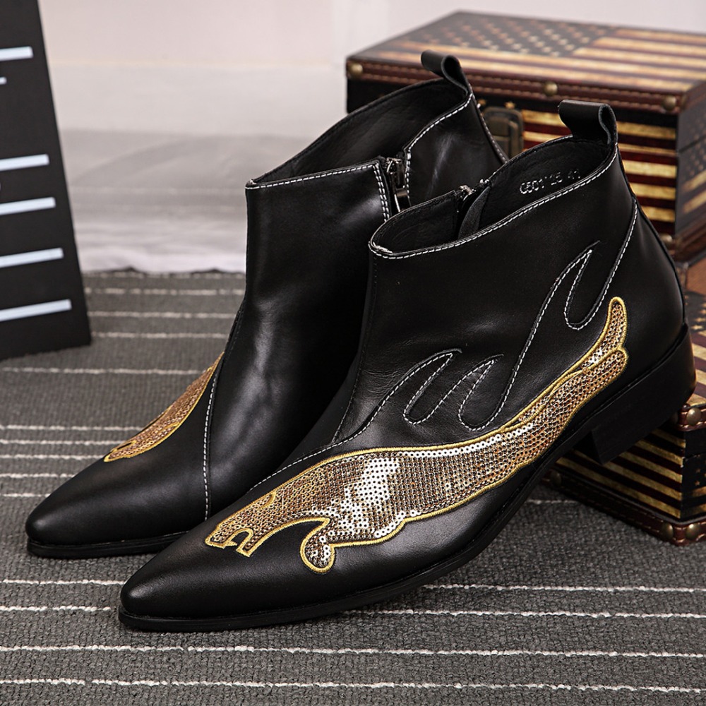 Men's Glitter Ankle Boots Genuine Leather Pointed Toe Winter Boots for Men Bling Bling Wedding Party Shoes Plus Size 38-46