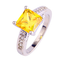 lingmei Fashion Lady Princess Cut Citrine & White Topaz 925 Silver Ring Size 7 8 9 10 European Jewelry Free Shipping Wholesale