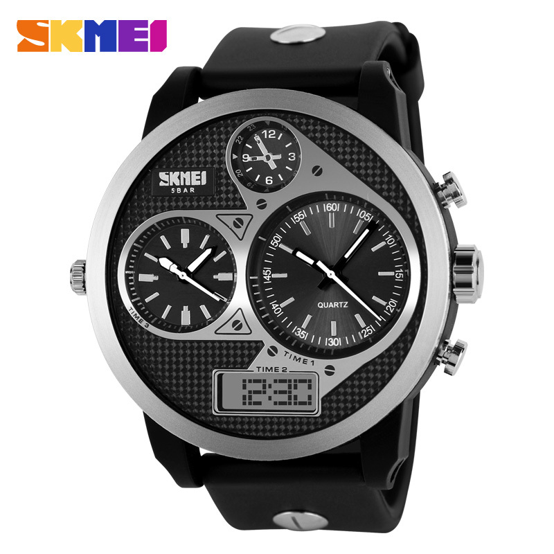 Fashion SKMEI Cool Sport 50m Waterproof LED Digital Analog Round Dial Wristwatch Band Multiple Time Zone