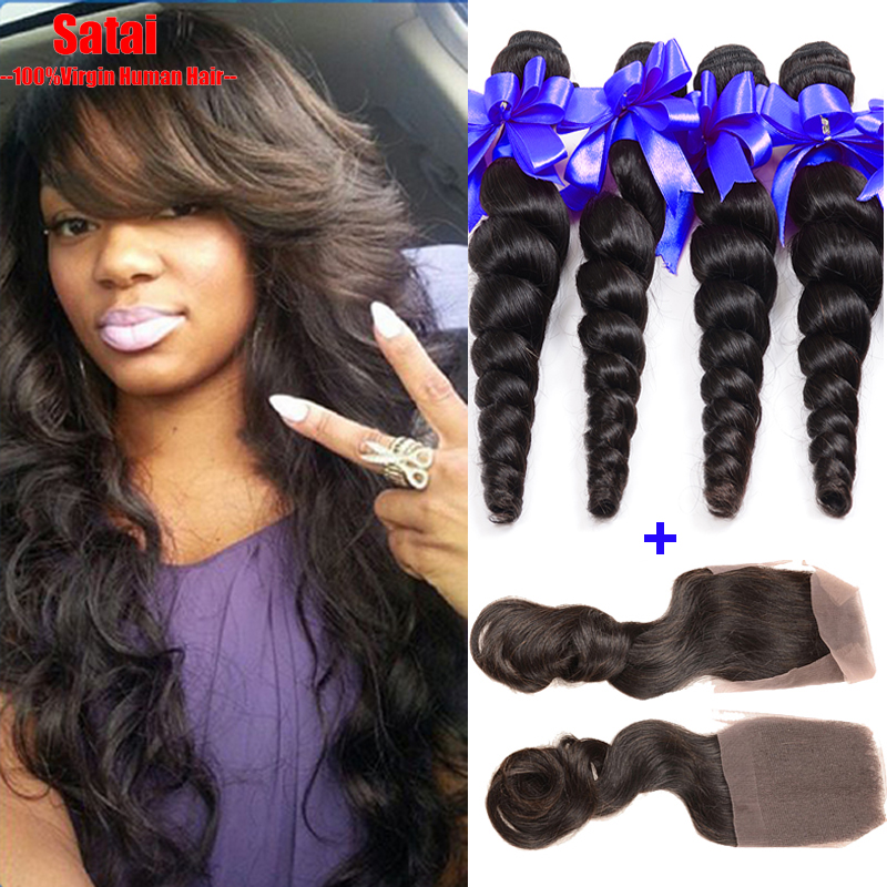 Image of Brazilian Virgin Hair With Closure Loose Wave 4 Bundles With Closure Cheap Brazilian Loose Wave With 1Pc Lace Closure Human Hair